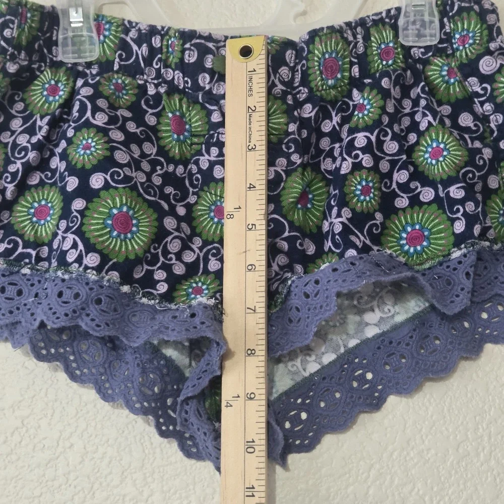 Free People Floral Paisley Green Blue Micro Shorts Eyelet Lace Elastic Band Sz S